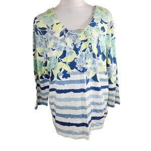 Hearts of Palm In Full Bloom Floral Striped Lace Up Top Womens XL Blue White NWT